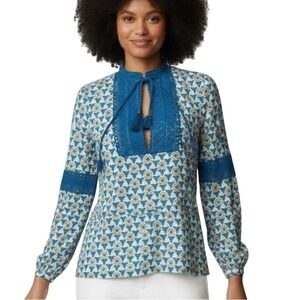 Tory Burch Geometric Print Tie Neck Blouse Blue White Yellow Cotton Size 2